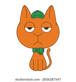 Fun ginger Cat in green scarf autumn cap isolated transparent background. Vector illustration of cute emotional Cat. Editable stroke. Perfect for mood cozy autumn winter concept. EPS 10 