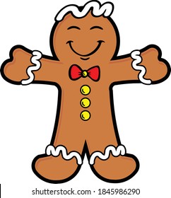 Fun gingerbread man cartoon illustration in full color with bow tie, buttons, smiley face and hair icing. Illustrator eps vector graphic design.