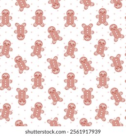 Fun Gingerbread man and polka dot seamless vector pattern. Kawaii winter ornament. Cute hand drawn Christmas background for packaging, wrapping paper, gift, card, fabric, wallpaper, textile, apparel.