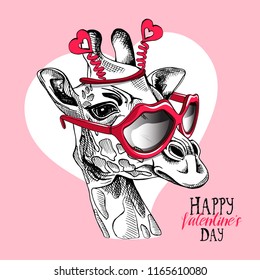 Fun Giraffe in a Lips sunglasses and hearts headband on a pink background. Happy Valentine's day - lettering quote. Humor card, t-shirt composition, hand drawn style print. Vector illustration.