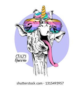 Fun Giraffe in a rainbow glasses and with a horn. Crazy unicorn - lettering quote. Humor card, t-shirt composition, hand drawn style print. Vector illustration.