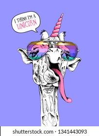 Fun Giraffe in a rainbow glasses and with a horn. I think i'm a unicorn - lettering quote. Humor card, t-shirt composition, hand drawn style print. Vector illustration.