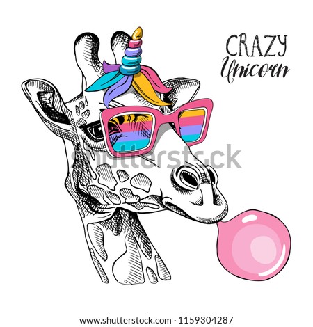 Fun Giraffe in a rainbow glasses, mane, horn and with a pink bubble gum. Crazy unicorn - lettering quote. Humor card, t-shirt composition, hand drawn style print. Vector illustration.