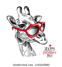 Fun Giraffe in a red Lips sunglasses. Happy Valentine's day - lettering quote. Humor card, t-shirt composition, hand drawn style print. Vector illustration.