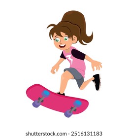 fun girl riding a skateboard, extreme sport, vector illustration with white isolated background.