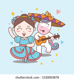 Fun Girl and Unicorn Dance Mariachi. Vector Illustration