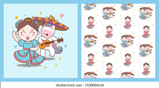 Fun Girl and Unicorn Dance Mariachi and pattern Vector Illustration