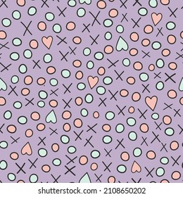 Fun Girly purple Seamless Vector Pattern with hearts. Hand Drawn simple design in purple Background with Pastel Pink and green elements