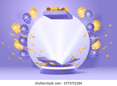 Fun giveaway birthyday podium with ballons and opened gift box againts purple wall background for product display, celebration, competition, winner. 3d render podium vector