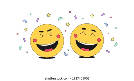 Fun, gladness and humor with comic Emoji character. Cartoon laughing emoticons with cheerful mood among confetti. Funny joke, festive party, positive emotions. Vector illustration