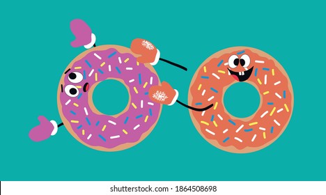 lustige, verglaste Donuts mit Augen und gefühlten Händen. Zwei Cartoon-Donuts spielen im Winter in Fingern. Vektorgrafik.