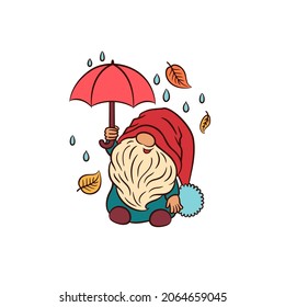 Fun gnome with umbrella. Leaves fall. Rainy day vector illustration. Autumn weather rain. Fall walk in the park. Adorable gnome funny character. Children clipart vector illustrations. Cute print. 