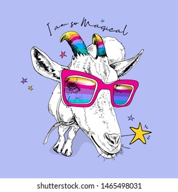 Fun Goat in a rainbow glasses, with a unicorn horns and with a star. I am so Magical - lettering quote. Humor card, t-shirt composition, hand drawn style print. Vector illustration.