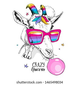 Fun Goat in a unicorn mask: rainbow glasses, colored horns, bangs and with a pink bubble gum. Humor card, t-shirt composition, hand drawn style print. Vector illustration.