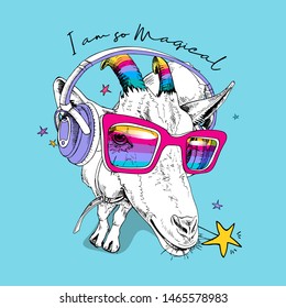 Fun Goat in a unicorn mask: rainbow glasses, colored horns and in a headphones. I am so Magical - lettering quote. Humor card, t-shirt composition, hand drawn style print. Vector illustration.