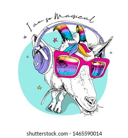 Fun Goat in a unicorn mask: rainbow glasses, colored horns, bangs and in a headphones. I am so Magical - lettering quote. Humor card, t-shirt composition, hand drawn style print. Vector illustration.