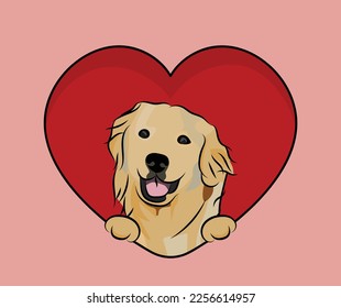 Fun Golden retriever dog hanging with paws in a big Valentine's day heart. Love heart with pet head and heart and footprint. Dog face Holding Pink Heart Cartoon Icon. St Valentine's day for dog funs.
