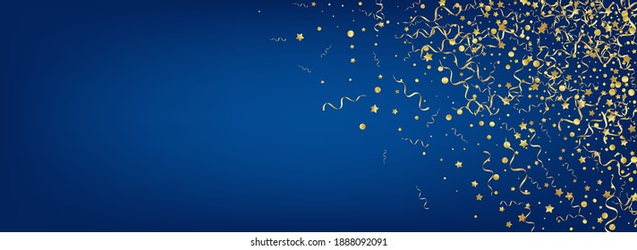 Fun Golden Serpentine Vector on Panoramic Blue Background. Anniversary Ribbon Illustration. Star Celebrate Invitation. Yellow Abstract Plant.