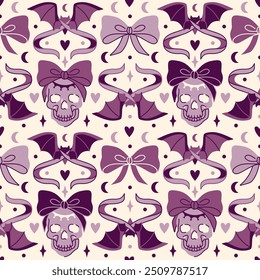 Fun gothic Halloween seamless pattern with skulls, bows, flying bats, and hearts. Girly coquette background. Dark and playful hand drawn flat graphic. Spooky decoration wallpaper