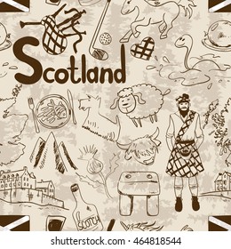 Fun graphic sketch Scottish seamless pattern on a retro background. Travel concept of Scotland symbols and asso?iation.