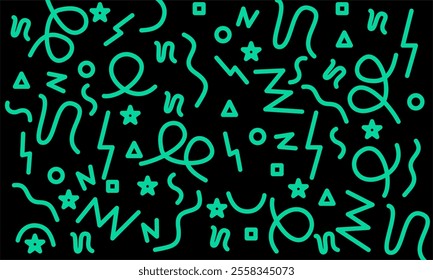 fun green abstract line doodle shape set. colorful doodle art seamless pattern background design on black background. creative minimalist style art symbol collection for children.