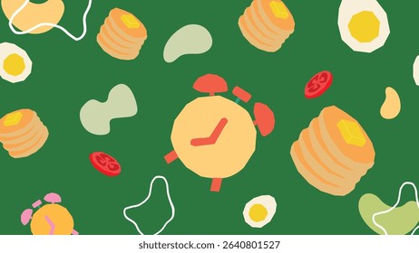 Fun green breakfast layout featuring clocks, pancakes, fried eggs, and tomato slices for a playful and energetic morning food-themed design.