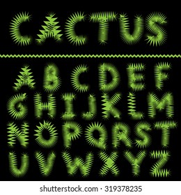 Fun Green Cactus letters on the black background, creative alphabet
