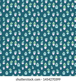 Fun green cartoon pattern background with cactus in pink and blue flower pots