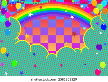 Fun green colorful background image with rainbow coming out and balloons flying