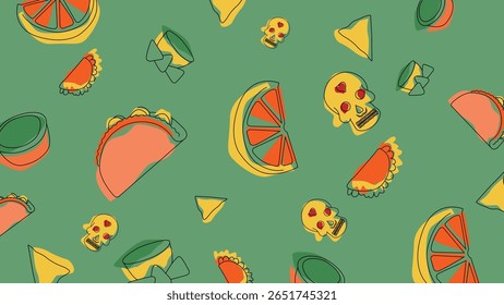 Design verde divertido com tacos, crânios, fatias de citros e símbolos tradicionais mexicanos, perfeito para visuais de alimentos festivos e temáticos.