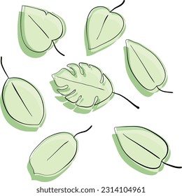 Fun green leaves as a collection of different shapes. These foliage drawings can be used for event invatations, boho decorations, artwork textures and much more. Colorful leaf illustrations for summer