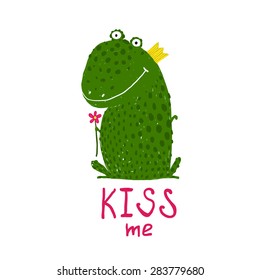 Fun Green Magic Frog Asking for Kiss Smiling. Cute humor fairy tale holding a flower hand drawn illustration. 