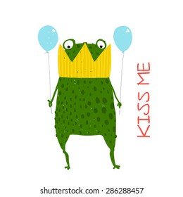 Fun Green Magic Frog Prince Got Stuck in Crown. Cute bizarre humor fairy tale creature hand drawn illustration. 