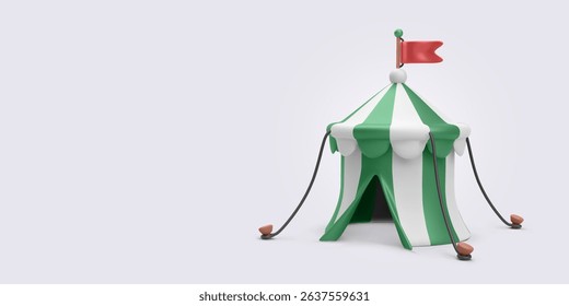 Fun Green And White Circus Tent With Red Flag On Top. Ideal For Festival, Fair, Entertainment, Or Carnival Themes. Rendered Vector Illustration.