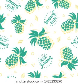 Fun green and yellow pineapples vector pattern background with Hello Summer Type. Great as a summer textile print, party invitation or packaging. Surface pattern design.