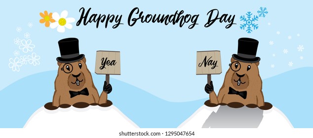 Fun greeting card for the Groundhog Day  displaying two options illustrated groundhogs and positive   negative answers 