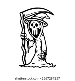 fun grim reaper with sickle scythe cartoon character isolated drawing line art style sketch classic vintage design illustration