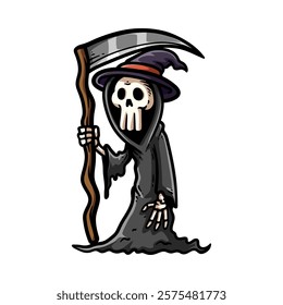 fun grim reaper with sickle scythe cartoon colored character isolated drawing line art style sketch classic vintage design illustration