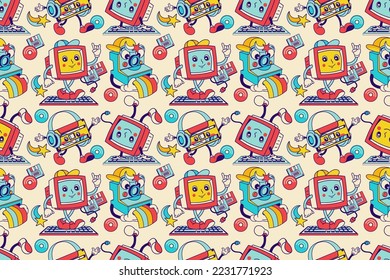 Papel tapiz de un geek informático de Fun Groovy. Caracteres retro geniales, un patrón sin costuras funky, tela de tecnologías antiguas de los años 70-90 hippie, fondo sin costura, fondo fresco.