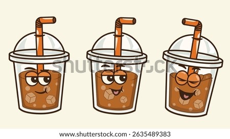A fun and groovy illustration of happy cup characters filled with cola, iced tea, and other brown iced drinks. Perfect for summer vibes, refreshing moods, and playful beverage themes!