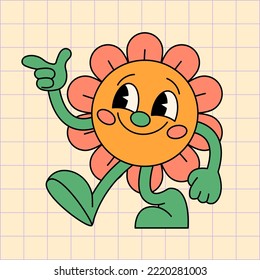 Fun groovy retro clipart with daisy flower. 60s, 70s, 80s cartoon style. Patches, pins, stamps, stickers template. Funny cute comic characters. Abstract trendy, vintage, nostalgic aesthetic background