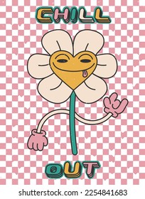 Fun groovy retro clipart with daisy flower.Chill out.bright groovy poster 70s.Retro,vintage prins with grunge texture.Card 2000.Y2k.Vector flat