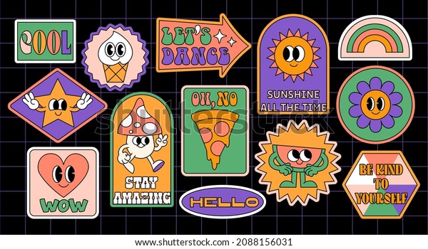 Fun groovy retro clipart elements set. 70s,\
80s, 90s cartoon style. Patches, pins, stamps, stickers templates.\
Funny cute comic characters. Abstract trendy, vintage, nostalgic\
aesthetic background