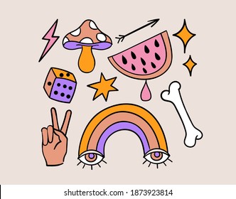 Fun Groovy Retro Set. 70s 80s Cartoon Style. Modern Vintage Comics Illustrations. Abstract Hand Drawn Shapes. Logo, Stickers, Highlights Templates.