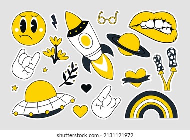 Fun groovy retro set. Colorful yellow hipster stickers with rocket, planet, lips, emoji, rainbow and mushrooms. Design elements for printing. Cartoon flat vector collection isolated on gray background