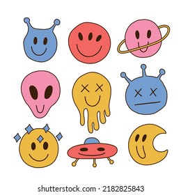 Fun groovy retro space emoji set. Colorful hipster stickers with ufo, planet, moon, alien shapes. Design elements for printing. Cartoon hand drawn vector collection isolated on white background