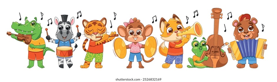 Fun Group Of Cartoon Animals Playing Various Musical Instruments. Crocodile, Zebra, Tiger, Monkey, Cat, Frog, And Bear