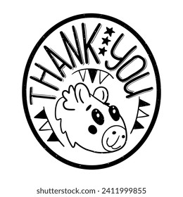 Fun grunge hand drawn capybara sticker with text. Celebrating concept. Cute flat animal character with celebration elements and thankful lettering. Isolated sticker on white background