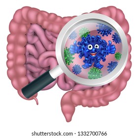 Fun gut bacteria cartoon mascot being shown with a magnifying glass. Could be result of probiotics promoting good digestive flora or other microbes.