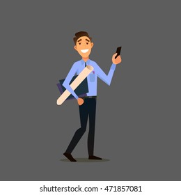 Fun guy with business documents in one hand and smartphone in the other .Vector illustration of a flat design.